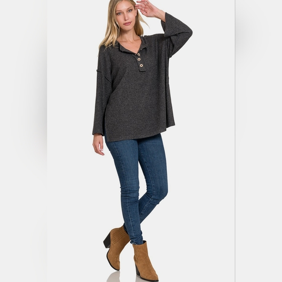 Zenana Full Size Ribbed Half Button Slit Knit Top - Picture 2 of 4